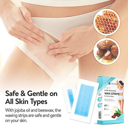 GleeBee Wax Strips 60 Count - Hair Removal Kit for Body & Face, 40 Body Strips + 20 Facial Strips