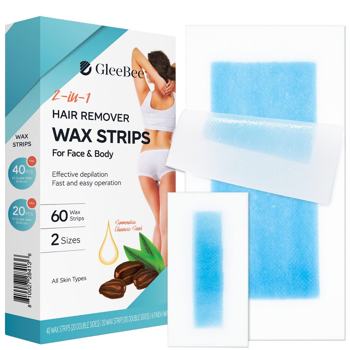GleeBee Wax Strips 60 Count - Hair Removal Kit for Body & Face, 40 Body Strips + 20 Facial Strips - görsel 1