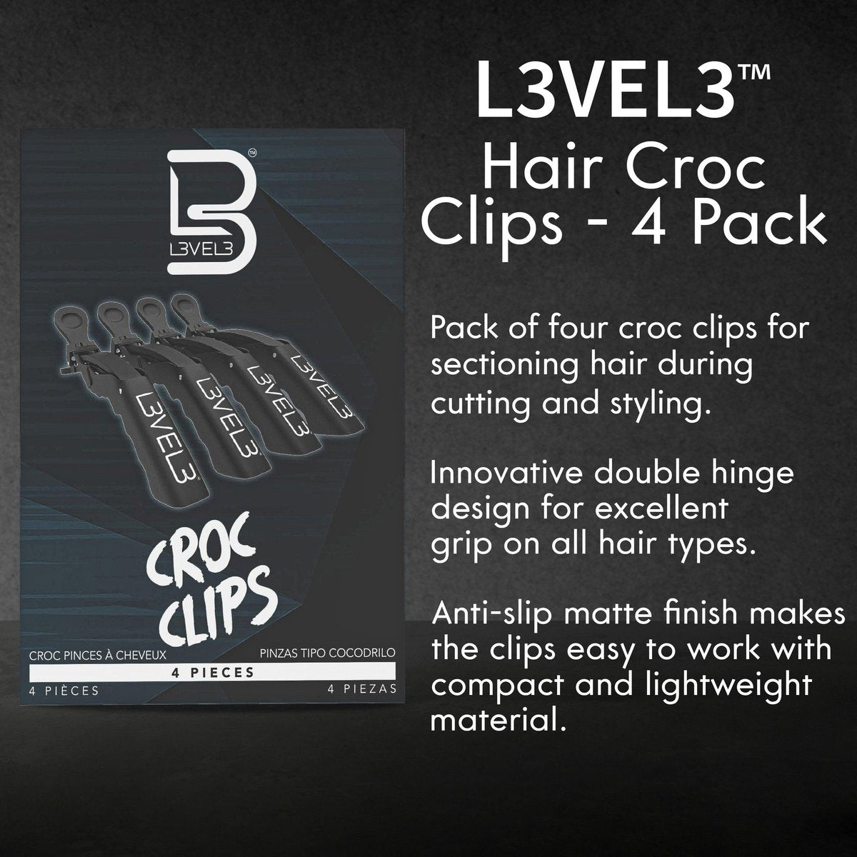 L3 Level 3 Croc Hair Clips - 4 Pack Black Plastic Hair Clip Set for Styling - görsel 9