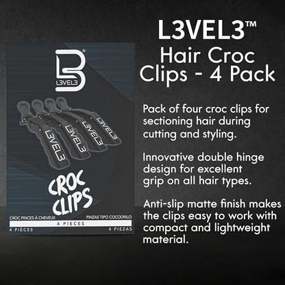 L3 Level 3 Croc Hair Clips - 4 Pack Black Plastic Hair Clip Set for Styling