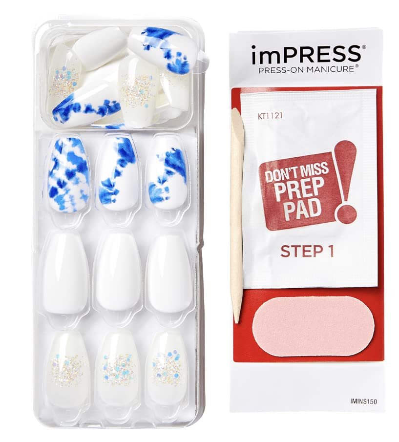 KISS Impress No Glue Mani 30 Pcs Press on Nails - White with Glitter Blue Tie-Dye, Medium Coffin Shape, Easy Peel & Press, Hassle-Free Removal, Tools Included - görsel 2