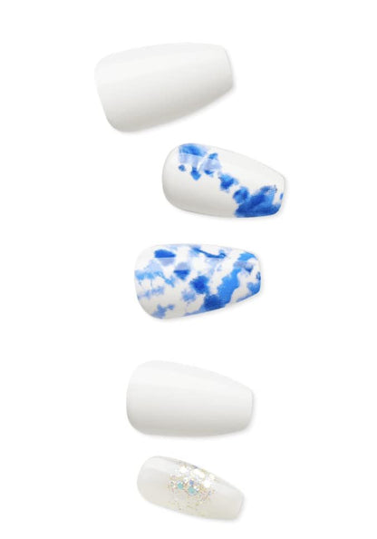 KISS Impress No Glue Mani 30 Pcs Press on Nails - White with Glitter Blue Tie-Dye, Medium Coffin Shape, Easy Peel & Press, Hassle-Free Removal, Tools Included
