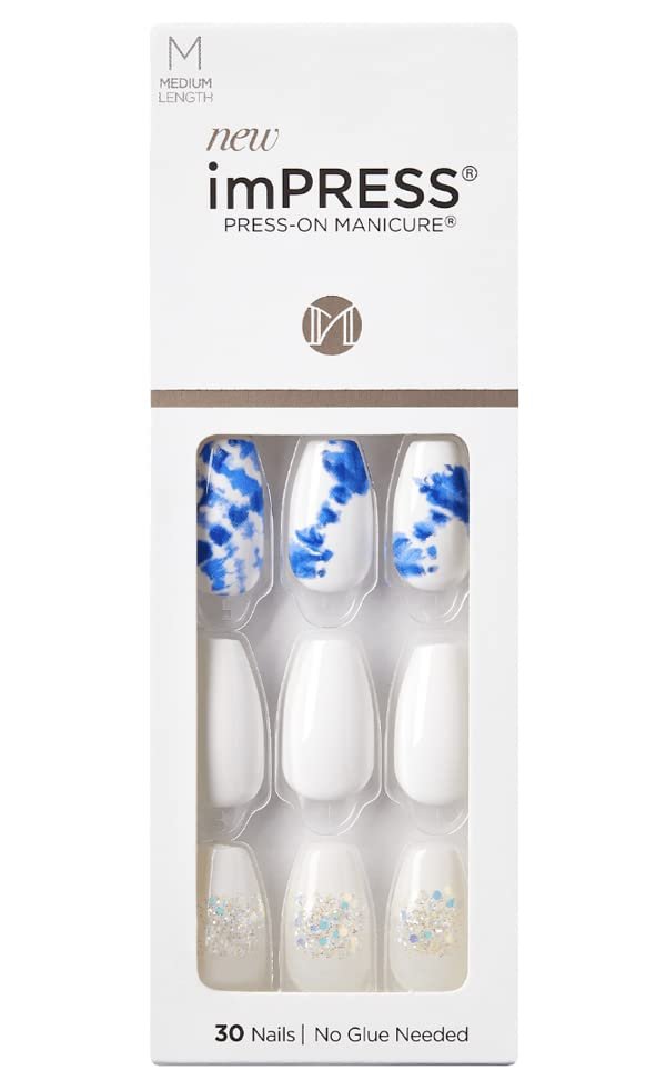 KISS Impress No Glue Mani 30 Pcs Press on Nails - White with Glitter Blue Tie-Dye, Medium Coffin Shape, Easy Peel & Press, Hassle-Free Removal, Tools Included - görsel 1