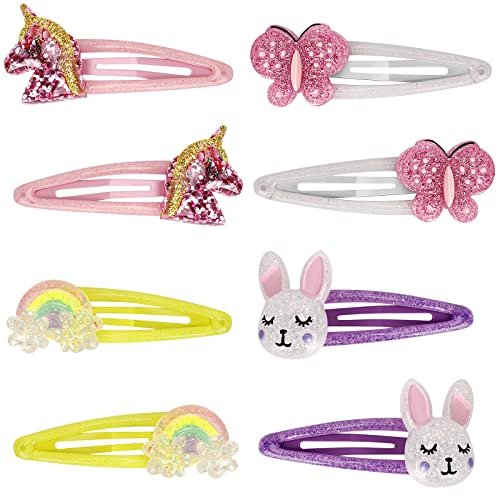 Wingchold Butterfly Snap Hair Clips - Rainbow No Slip Sparkly Unicorn Hair Accessories for Girls, Toddlers, Kids - Colorful Rabbit Barrette for Party Birthday Gift (8 Pack) Avelisse