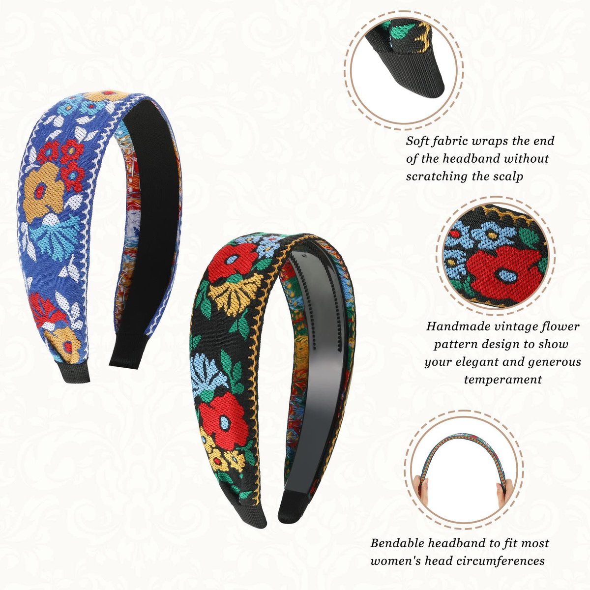 Geosar 9 Pack Boho Embroidery Headband for Women - Bohemia Floral Handmade Wide Headbands Vintage Ethnic Style Hair Bands Turban for Girls Hair Accessories, 9 Styles Avelisse