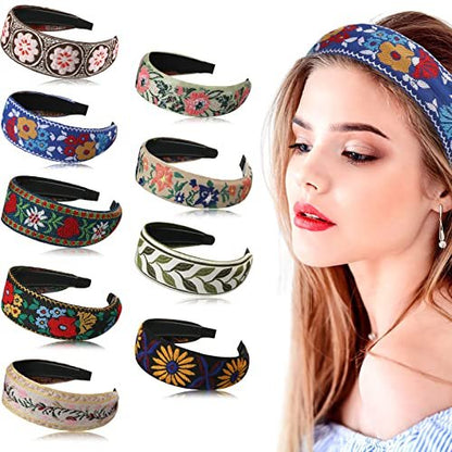 Geosar 9 Pack Boho Embroidery Headband for Women - Bohemia Floral Handmade Wide Headbands Vintage Ethnic Style Hair Bands Turban for Girls Hair Accessories, 9 Styles Avelisse