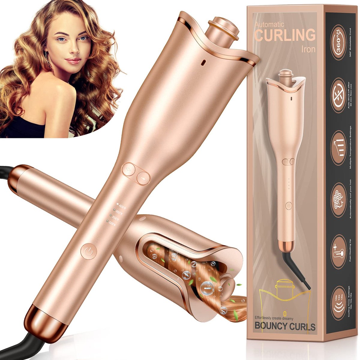 Follexmoe Automatic Curling Iron - Professional Rotating Hair Curler with 1-Inch Ceramic Wand, 4 Temperature Settings & 3 Timers, Anti-Tangle, Dual Voltage, Auto Shut-Off Avelisse