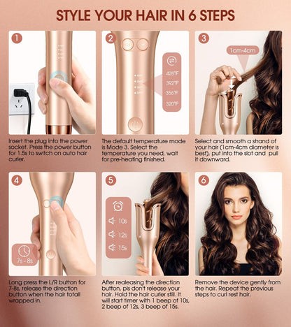 Follexmoe Automatic Curling Iron - Professional Rotating Hair Curler with 1-Inch Ceramic Wand, 4 Temperature Settings & 3 Timers, Anti-Tangle, Dual Voltage, Auto Shut-Off Avelisse
