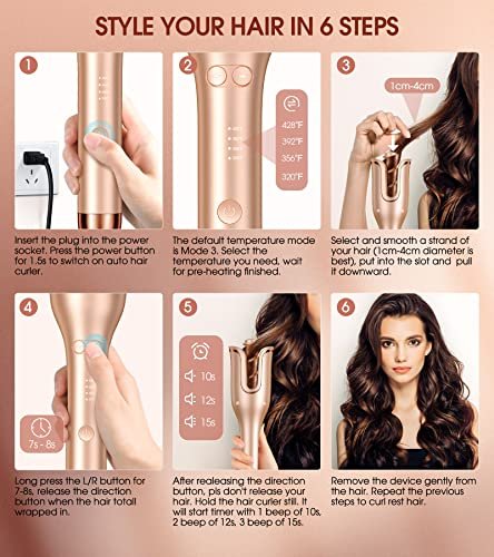 Follexmoe Automatic Curling Iron - Professional Rotating Hair Curler with 1-Inch Ceramic Wand, 4 Temperature Settings & 3 Timers, Anti-Tangle, Dual Voltage, Auto Shut-Off Avelisse