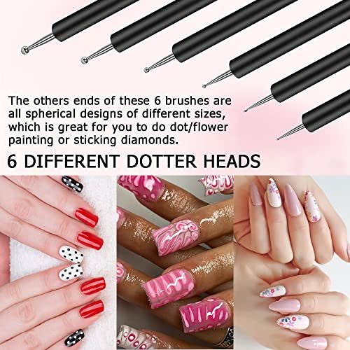 Lofuanna Nail Art Brush Set - 6pcs Double Ended Fine Nail Liner Brush, Dotting Pen & Builder Gel Brush for DIY Manicure - görsel 12