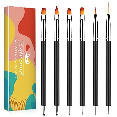 Lofuanna Nail Art Brush Set - 6pcs Double Ended Fine Nail Liner Brush, Dotting Pen & Builder Gel Brush for DIY Manicure - görsel 2