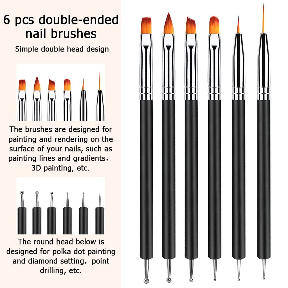 Lofuanna Nail Art Brush Set - 6pcs Double Ended Fine Nail Liner Brush, Dotting Pen & Builder Gel Brush for DIY Manicure - görsel 3