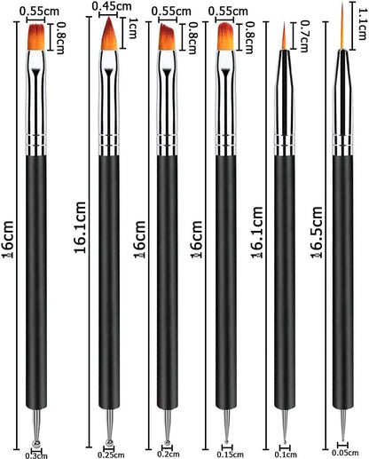 Lofuanna Nail Art Brush Set - 6pcs Double Ended Fine Nail Liner Brush, Dotting Pen & Builder Gel Brush for DIY Manicure