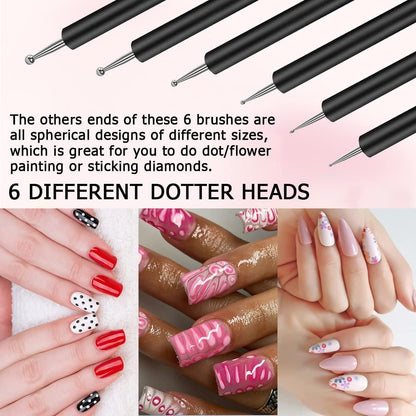 Lofuanna Nail Art Brush Set - 6pcs Double Ended Fine Nail Liner Brush, Dotting Pen & Builder Gel Brush for DIY Manicure