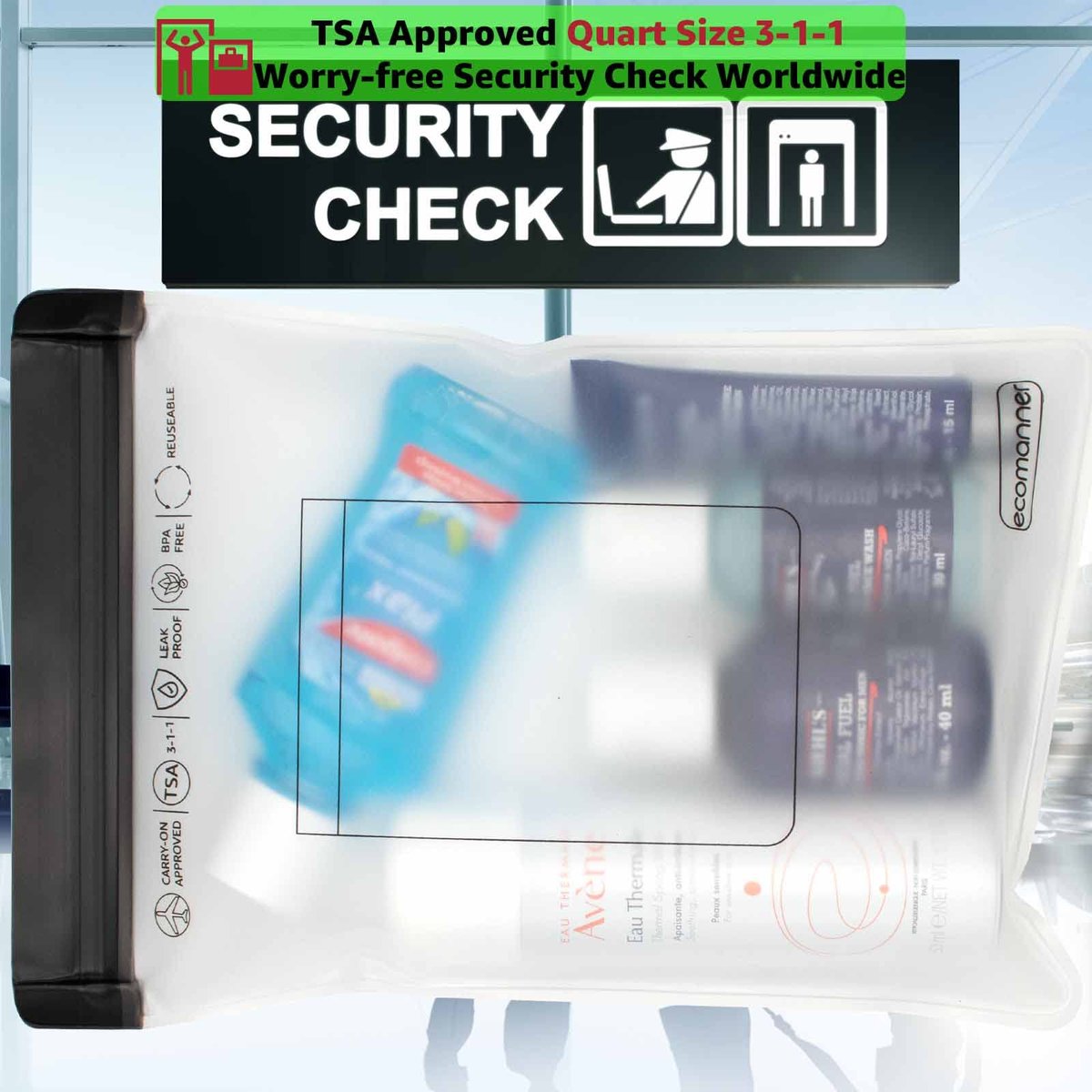ECOMANNER 4 Pack TSA Approved Toiletry Bag Leak Proof Zipper Free, Clear Quart Size for Travel Carry-On (2 Small and 2 Large Size) Avelisse