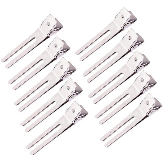 10 Pack Double Prong Pin Curl Clips - Duck Billed Hair Clips for Hairdressing, Setting, Sectioning - 1.8" Silver Rustproof Metal Curl Hair Clips for Styling, Coloring, Sectioning