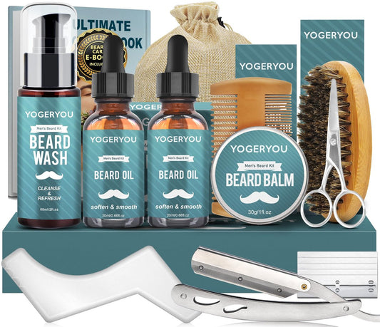 Complete Beard Grooming Kit for Men with Straight Razor, Beard Oil, Wash, Balm, Brush, Comb, Scissors - Premium Men's Gift Set for Trimming and Shaving