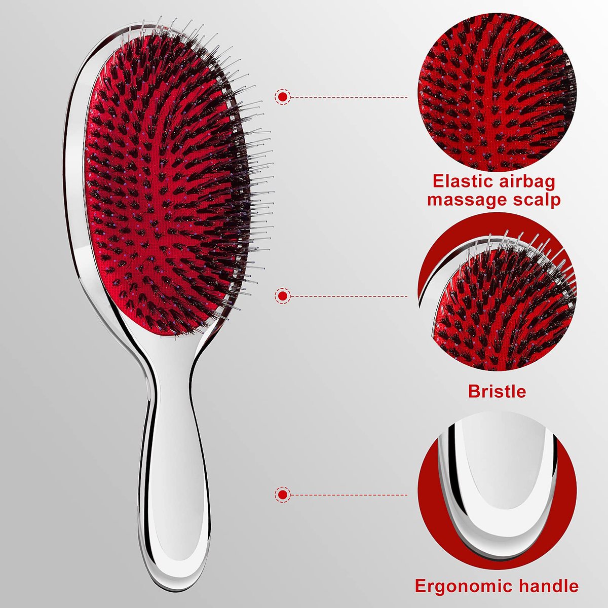 Sibba Anti-static Hair Brush Paddle Massage Hair Extension Brush - Professional Detangle Natural Bristle Cushion Nylon Brush Comb for Long Thick Wavy Hair (Silver) - görsel 7