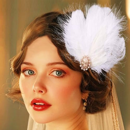 GENBREE White Feather Hair Clip Fascinator - 1920s Gatsby Headpiece for Women