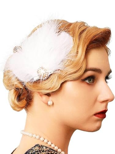 GENBREE White Feather Hair Clip Fascinator - 1920s Gatsby Headpiece for Women