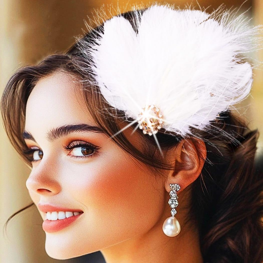 GENBREE White Feather Hair Clip Fascinator - 1920s Gatsby Headpiece for Women - görsel 1