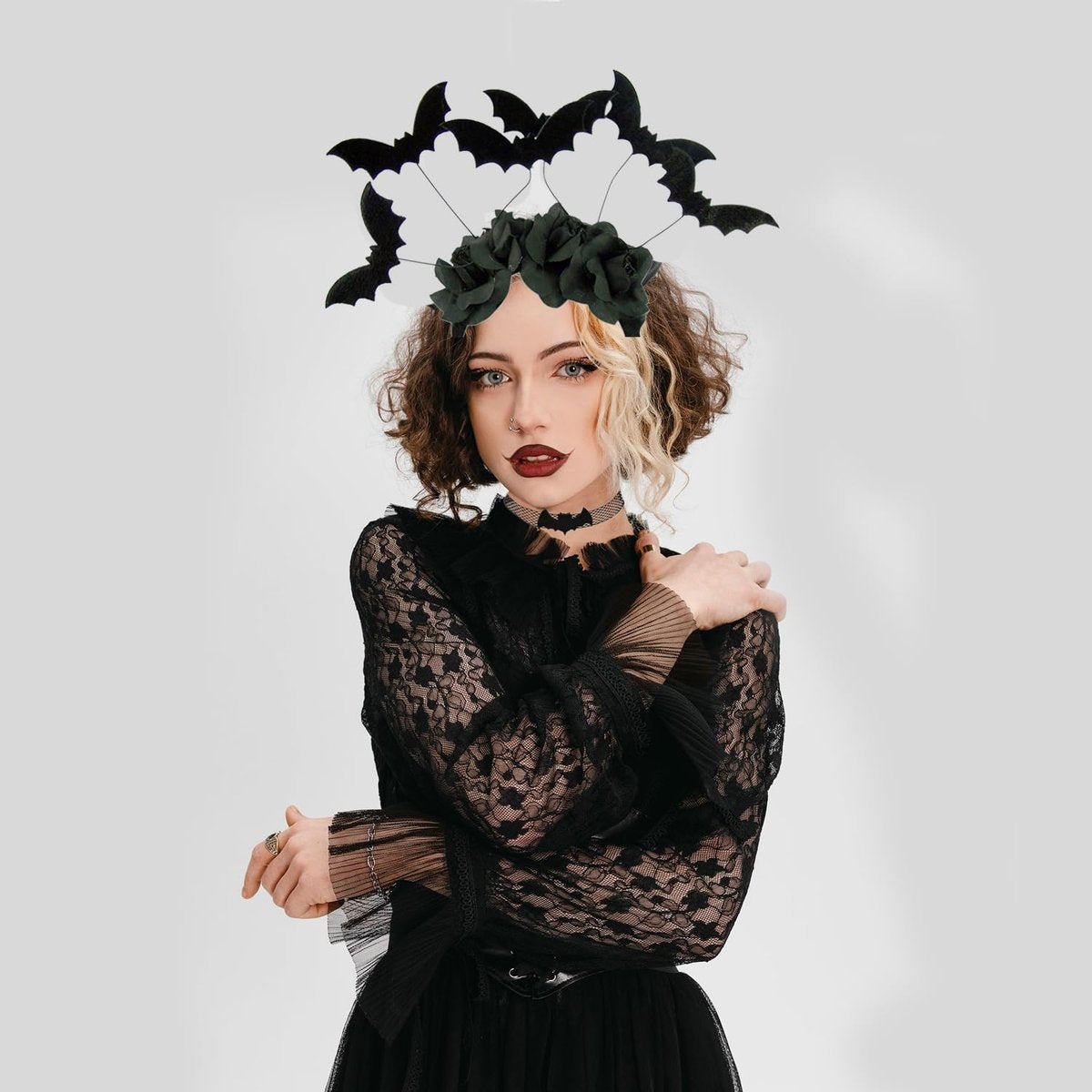 Black Lace Bat Headband & Mask Set for Women – Halloween Costume Accessories - görsel 5