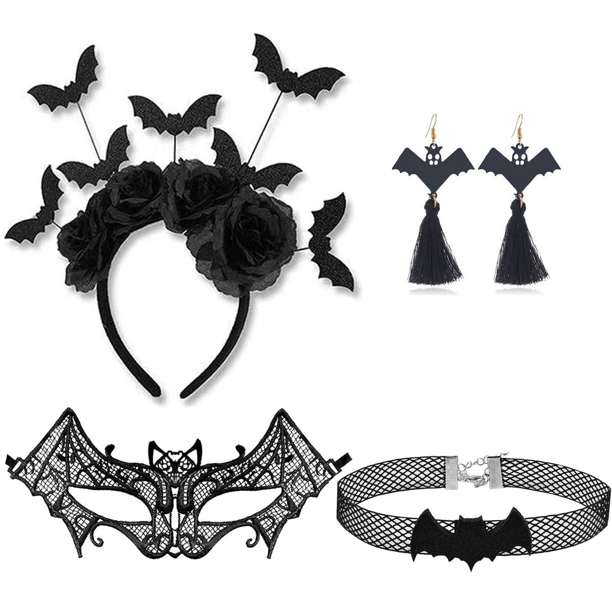 Black Lace Bat Headband & Mask Set for Women – Halloween Costume Accessories - görsel 1