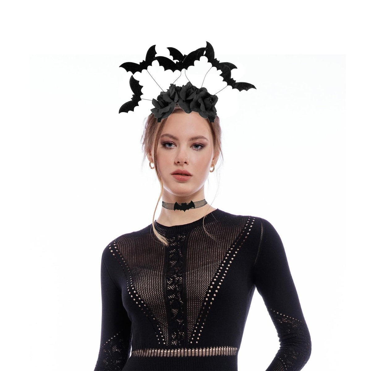 Black Lace Bat Headband & Mask Set for Women – Halloween Costume Accessories - görsel 3