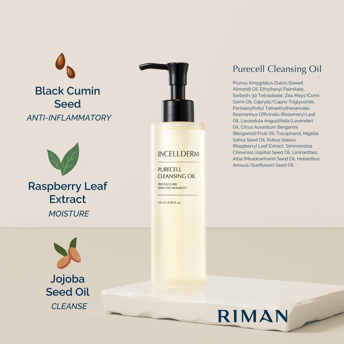 Riman Incellderm Purecell Cleansing Oil - 4.9 fl oz - Gentle Makeup Remover & Hydrating Cleanser - Lightweight Plant-Based Formula for All Skin Types Avelisse