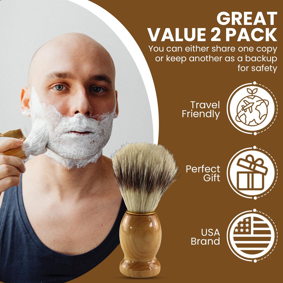 Iconikal 2-Pack Wood Handled Badger Hair Shaving Brush – Natural, for Aerosol-Free Shaving Cream - görsel 7