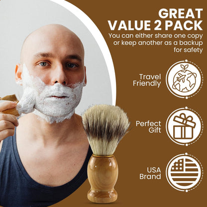 Iconikal 2-Pack Wood Handled Badger Hair Shaving Brush – Natural, for Aerosol-Free Shaving Cream