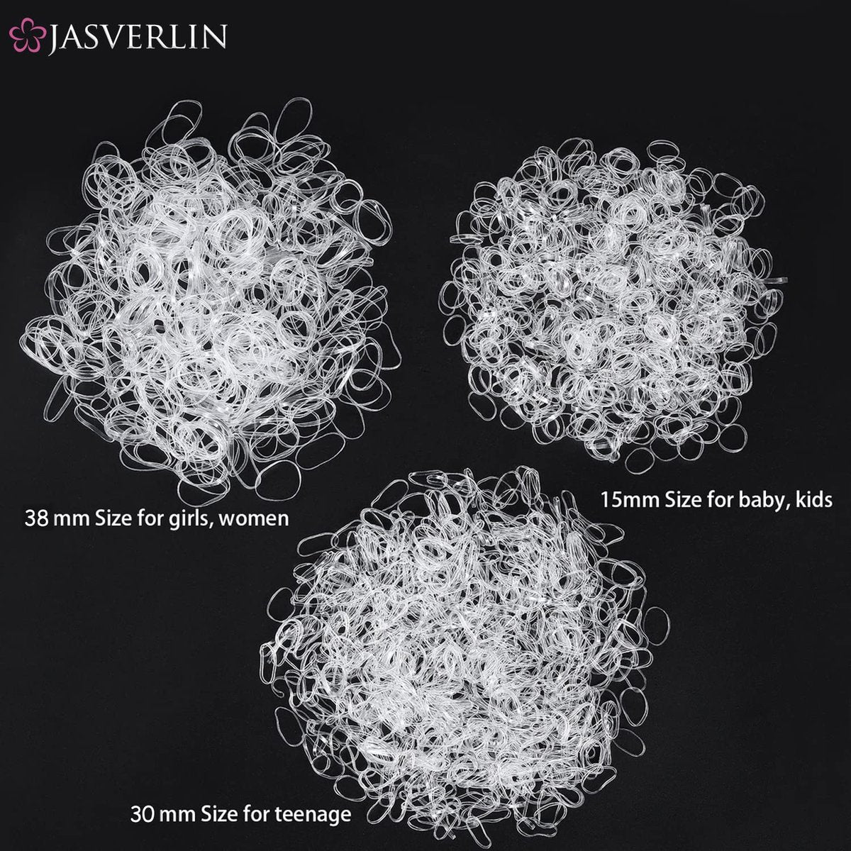 JASVERLIN Clear Hair Elastics 2000-Piece Variety Pack – Small, Medium, Large Rubber Bands & Polybands for Toddlers, Girls, Women, Baby - görsel 5