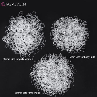 JASVERLIN Clear Hair Elastics 2000-Piece Variety Pack – Small, Medium, Large Rubber Bands & Polybands for Toddlers, Girls, Women, Baby