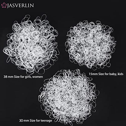 JASVERLIN Clear Hair Elastics 2000-Piece Variety Pack – Small, Medium, Large Rubber Bands & Polybands for Toddlers, Girls, Women, Baby