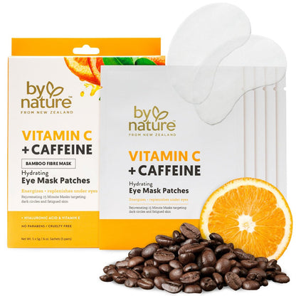 By Nature Vitamin C + Caffeine + Hydrating Under Eye Mask Patches - Energizing + Replenishing Eye Patches for Dark Circles - Skincare from New Zealand - 5 Pairs