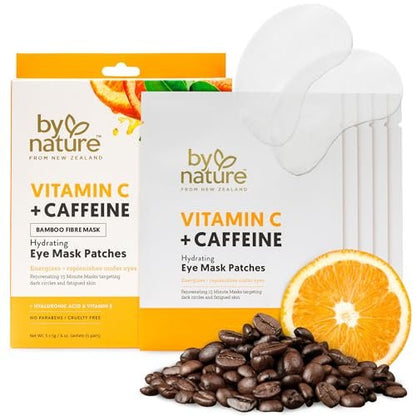By Nature Vitamin C + Caffeine + Hydrating Under Eye Mask Patches - Energizing + Replenishing Eye Patches for Dark Circles - Skincare from New Zealand - 5 Pairs