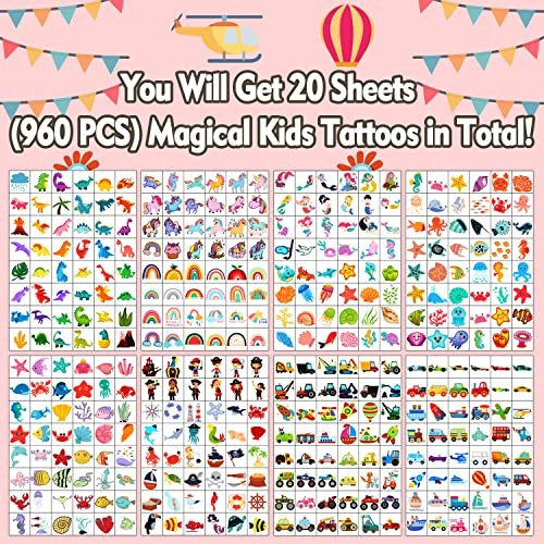 960 PCS Individually Wrapped Temporary Tattoos for Kids Bulk – Cute Fake Tattoo Stickers for Birthday Party Favors & Christmas Games (20 Sheets) Avelisse