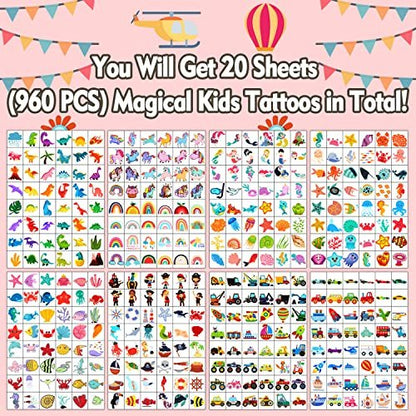 960 PCS Individually Wrapped Temporary Tattoos for Kids Bulk – Cute Fake Tattoo Stickers for Birthday Party Favors & Christmas Games (20 Sheets) Avelisse