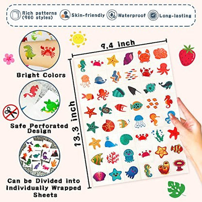 960 PCS Individually Wrapped Temporary Tattoos for Kids Bulk – Cute Fake Tattoo Stickers for Birthday Party Favors & Christmas Games (20 Sheets) Avelisse
