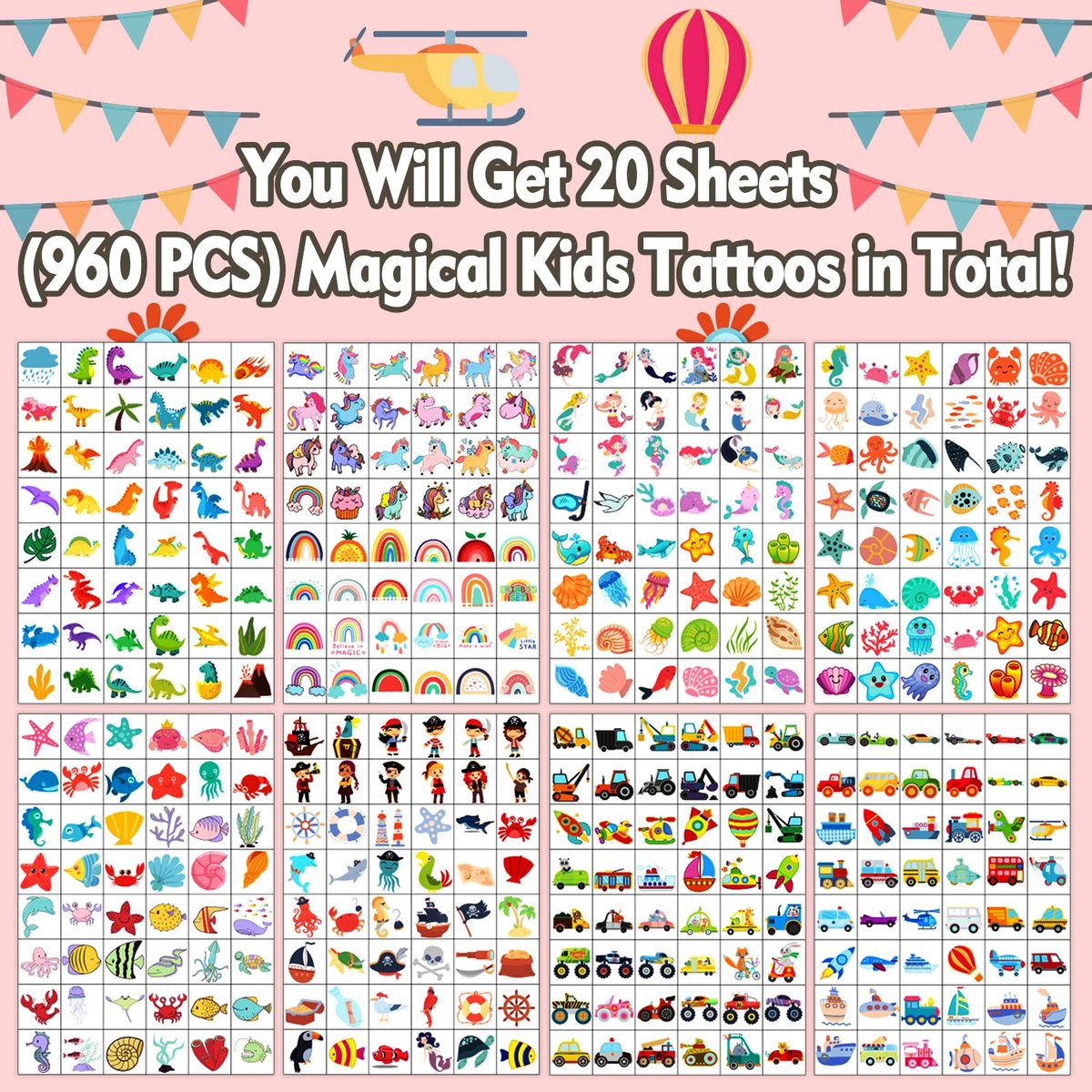 960 PCS Individually Wrapped Temporary Tattoos for Kids Bulk – Cute Fake Tattoo Stickers for Birthday Party Favors & Christmas Games (20 Sheets) Avelisse