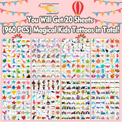 960 PCS Individually Wrapped Temporary Tattoos for Kids Bulk – Cute Fake Tattoo Stickers for Birthday Party Favors & Christmas Games (20 Sheets) Avelisse