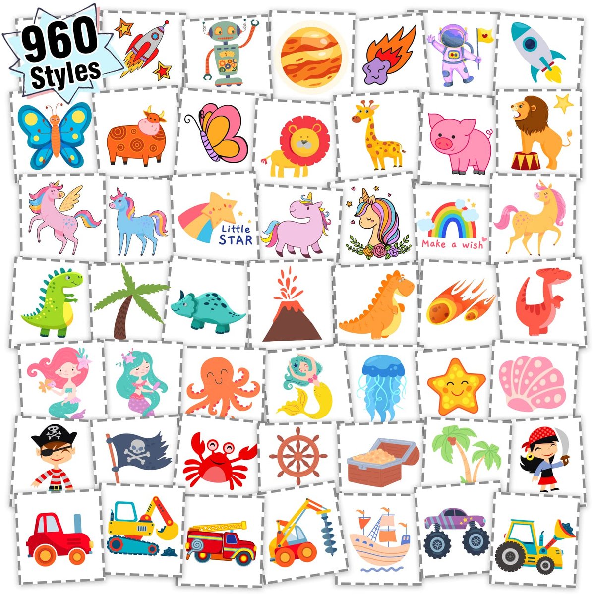 960 PCS Individually Wrapped Temporary Tattoos for Kids Bulk – Cute Fake Tattoo Stickers for Birthday Party Favors & Christmas Games (20 Sheets) Avelisse