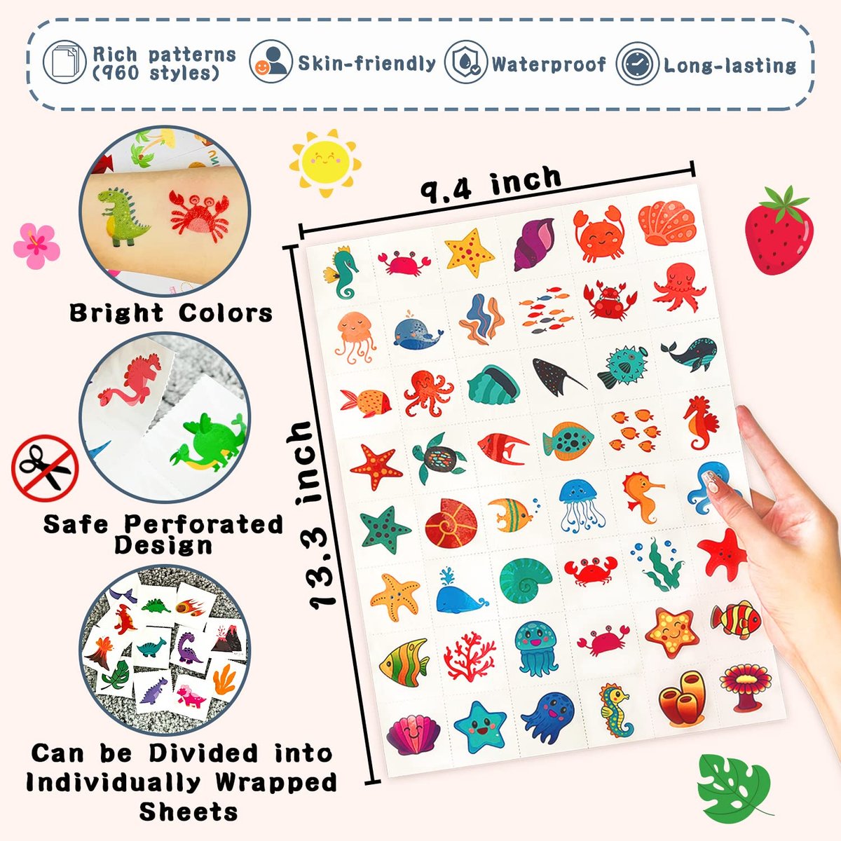 960 PCS Individually Wrapped Temporary Tattoos for Kids Bulk – Cute Fake Tattoo Stickers for Birthday Party Favors & Christmas Games (20 Sheets) Avelisse