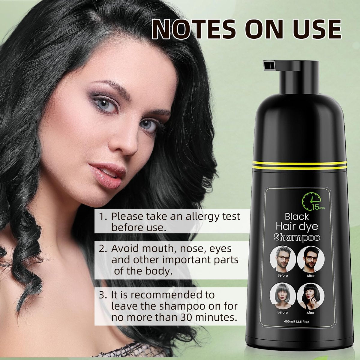 COSMTEK Black Hair Dye Shampoo - Semi-Permanent Herbal Color Shampoo for Women and Men, 100% Gray Coverage, No Ammonia, 13.5 fl oz Avelisse