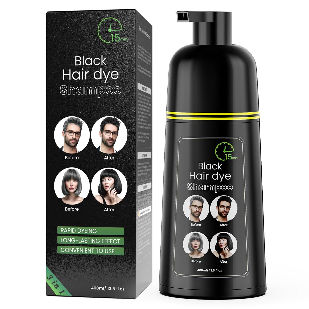 COSMTEK Black Hair Dye Shampoo - Semi-Permanent Herbal Color Shampoo for Women and Men, 100% Gray Coverage, No Ammonia, 13.5 fl oz Avelisse