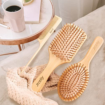 Natural Bamboo Hair Brush Set - 3 Pcs Wooden Paddle Detangling Brushes for Women, Curly, Thick, Fine Hair