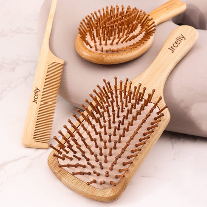 Natural Bamboo Hair Brush Set - 3 Pcs Wooden Paddle Detangling Brushes for Women, Curly, Thick, Fine Hair