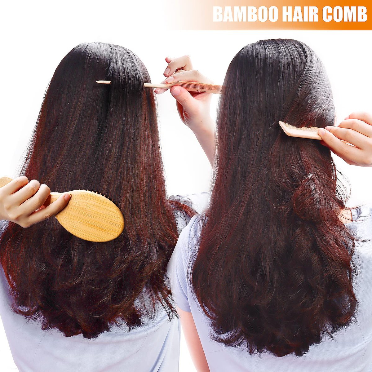Natural Bamboo Hair Brush Set - 3 Pcs Wooden Paddle Detangling Brushes for Women, Curly, Thick, Fine Hair - görsel 17