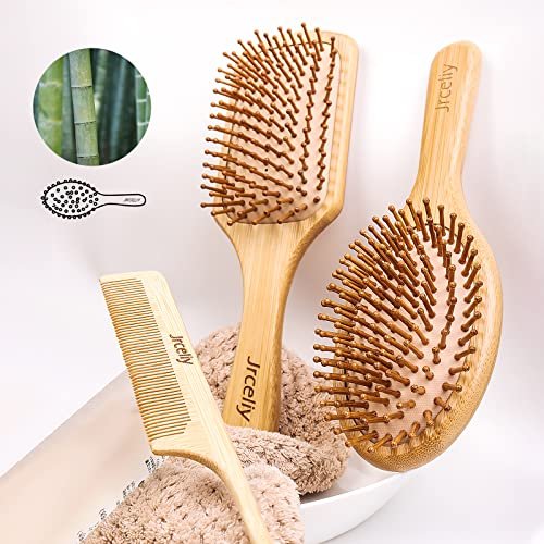 Natural Bamboo Hair Brush Set - 3 Pcs Wooden Paddle Detangling Brushes for Women, Curly, Thick, Fine Hair - görsel 6
