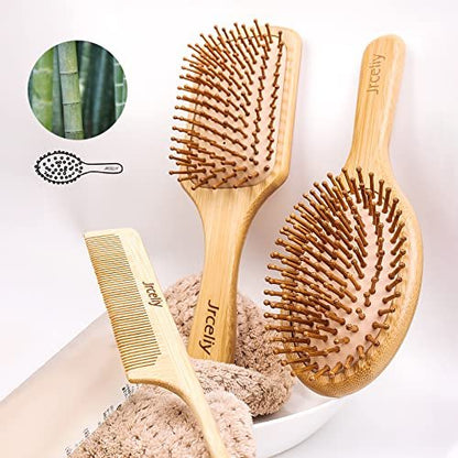 Natural Bamboo Hair Brush Set - 3 Pcs Wooden Paddle Detangling Brushes for Women, Curly, Thick, Fine Hair